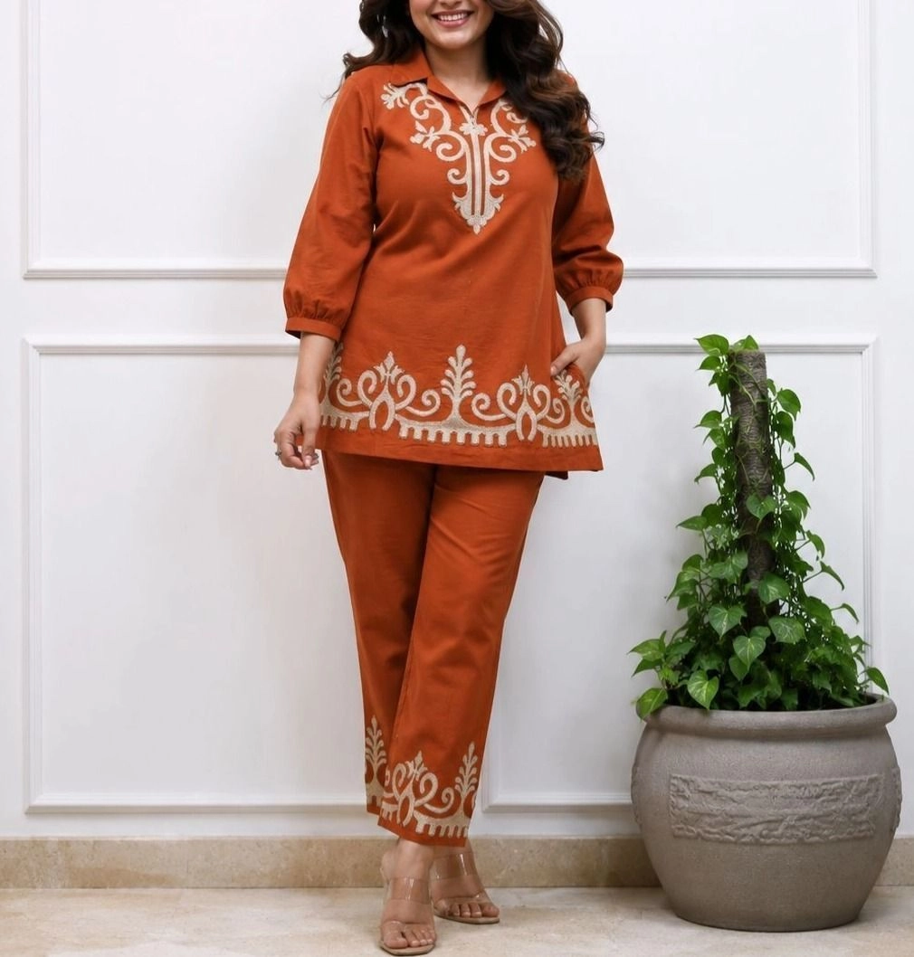 Tryloom Rustic Ember Embroidered Cotton Co-Ord Set | Premium Designer Thread Work Kurta Pant Set for Women 1
