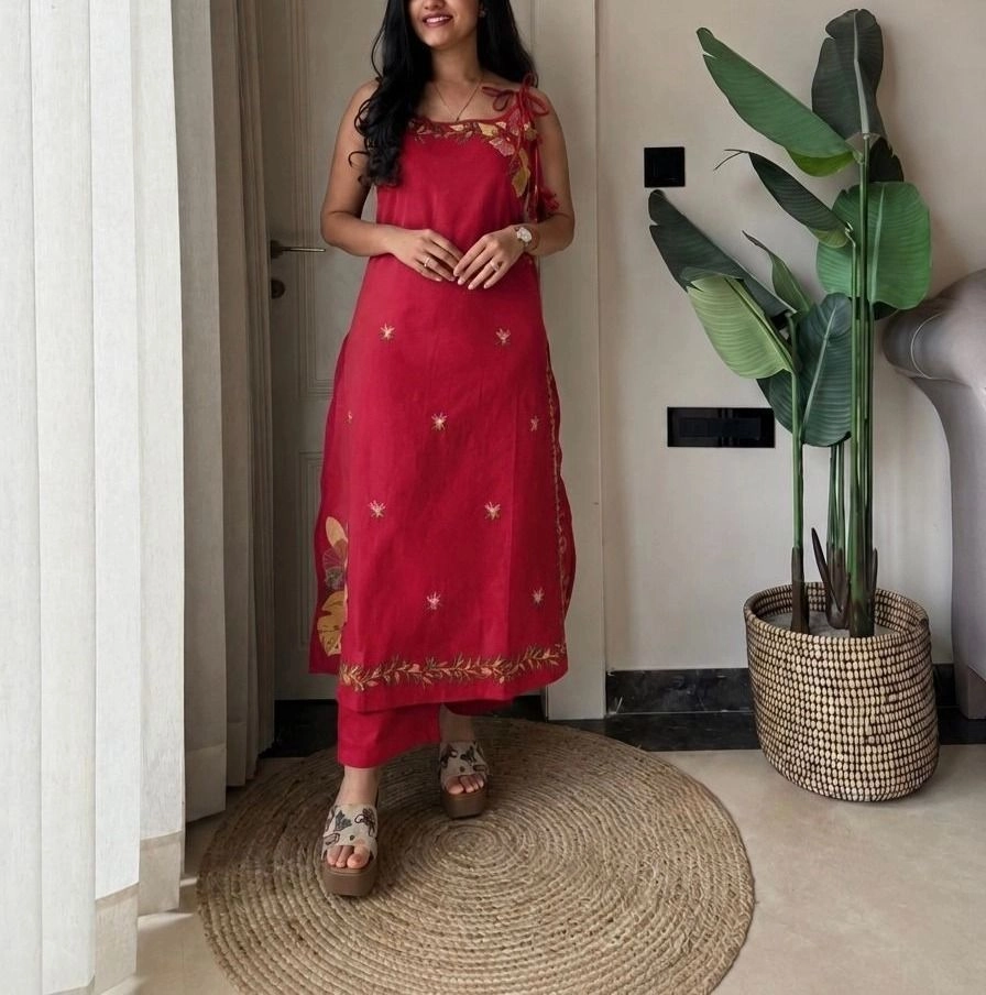 Tryloom Blossom Charm Sleeveless Cotton Embroidered Kurta Pant Set | Premium Floral Ethnic Wear for Women 1