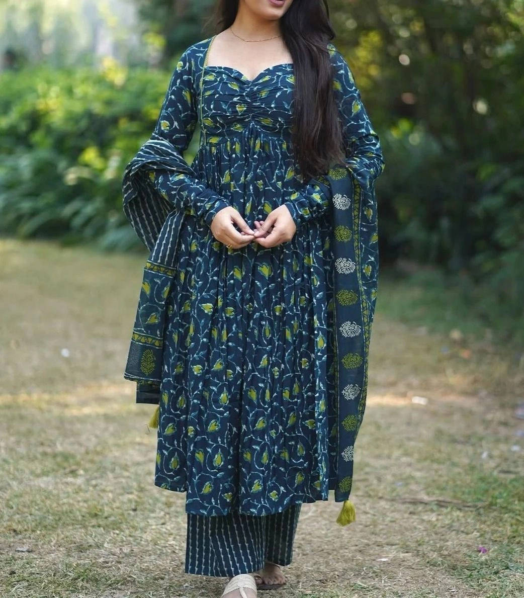 Tryloom Midnight Bloom Angrakha Anarkali Cotton Kurti Pant & Dupatta Set | Premium Printed Ethnic Wear for Women 1