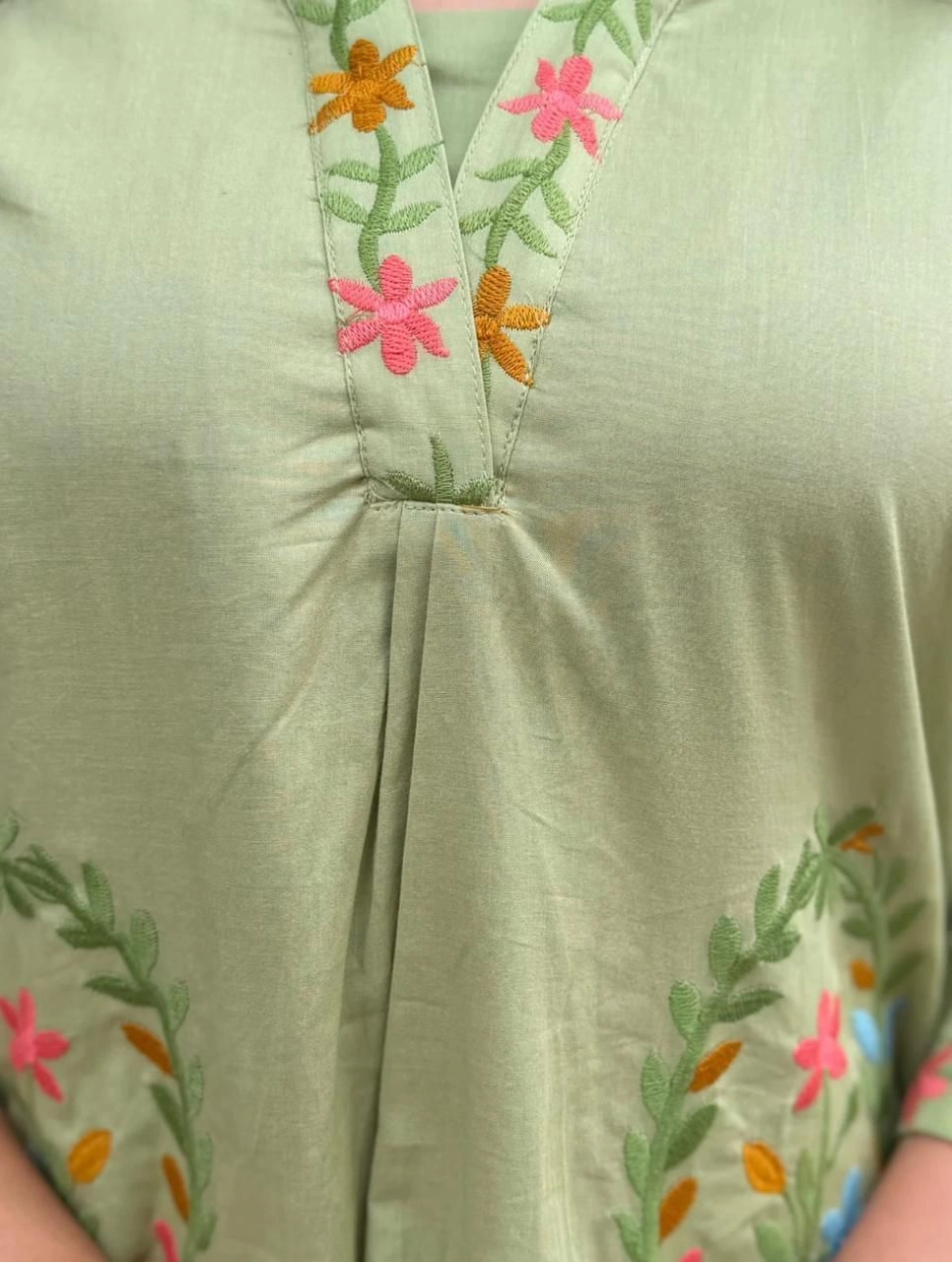 Tryloom Mint Blossom Premium Cotton Embroidered Kurti Pant Set | Designer Cotton Ethnic Co-Ord Set for Women 2