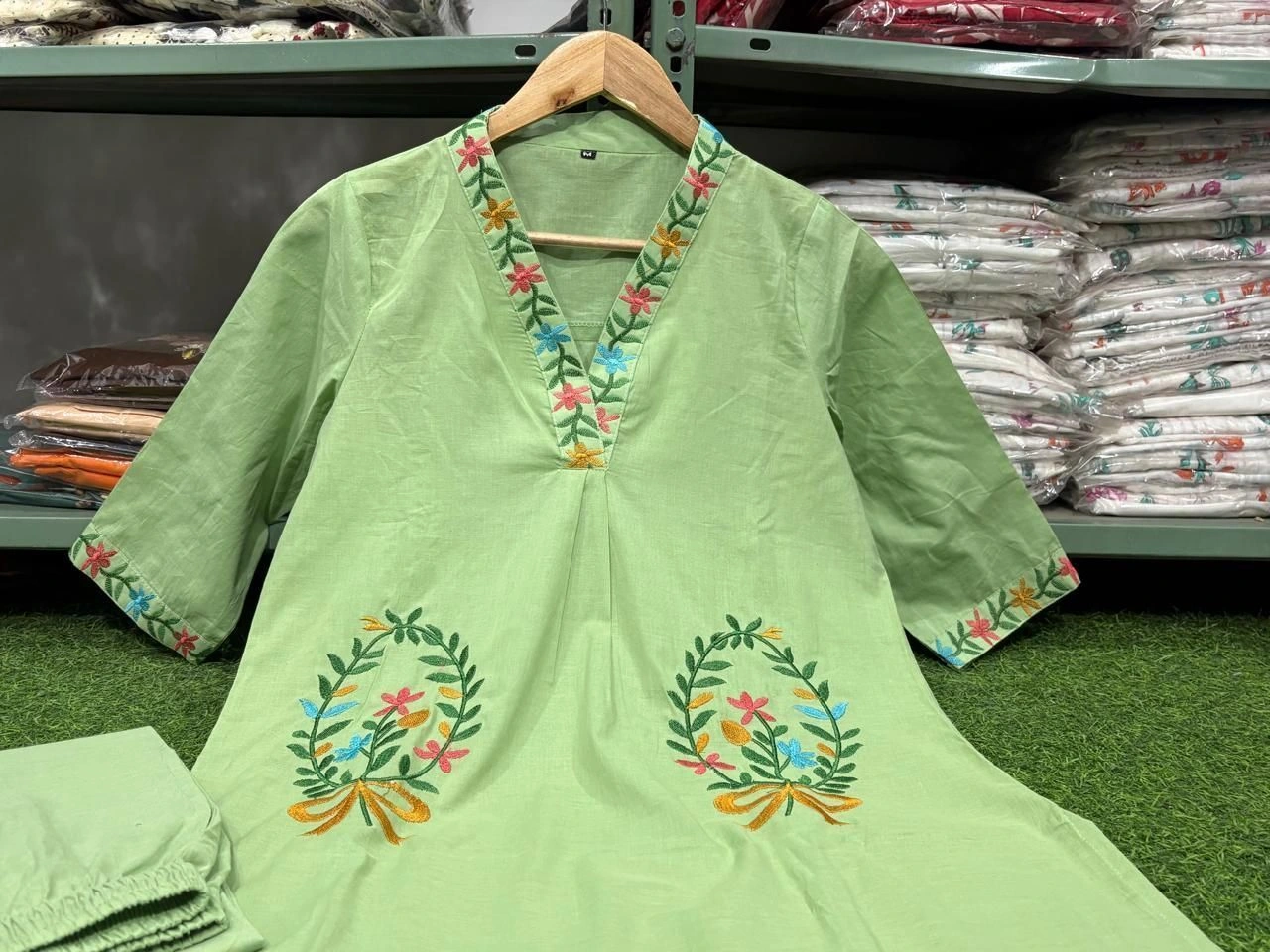 Tryloom Mint Blossom Premium Cotton Embroidered Kurti Pant Set | Designer Cotton Ethnic Co-Ord Set for Women 5