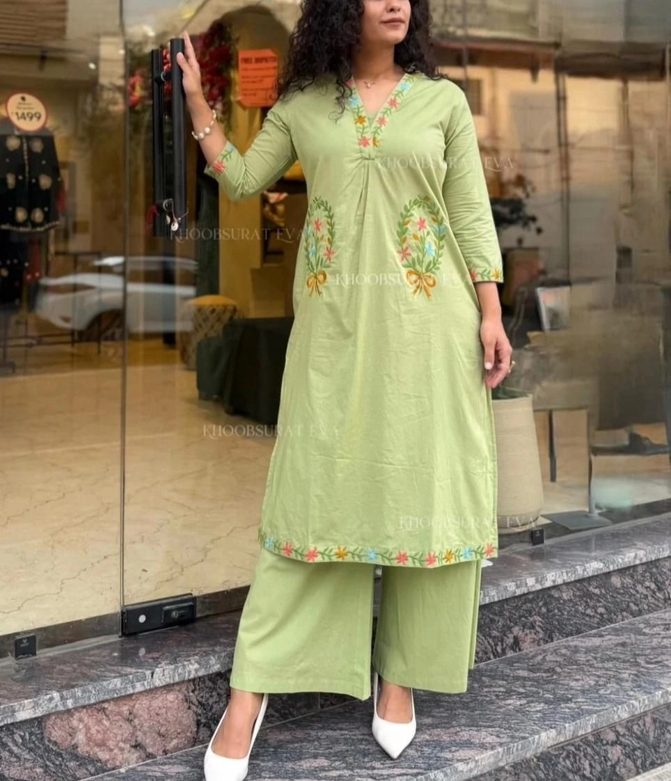 Tryloom Mint Blossom Premium Cotton Embroidered Kurti Pant Set | Designer Cotton Ethnic Co-Ord Set for Women 1
