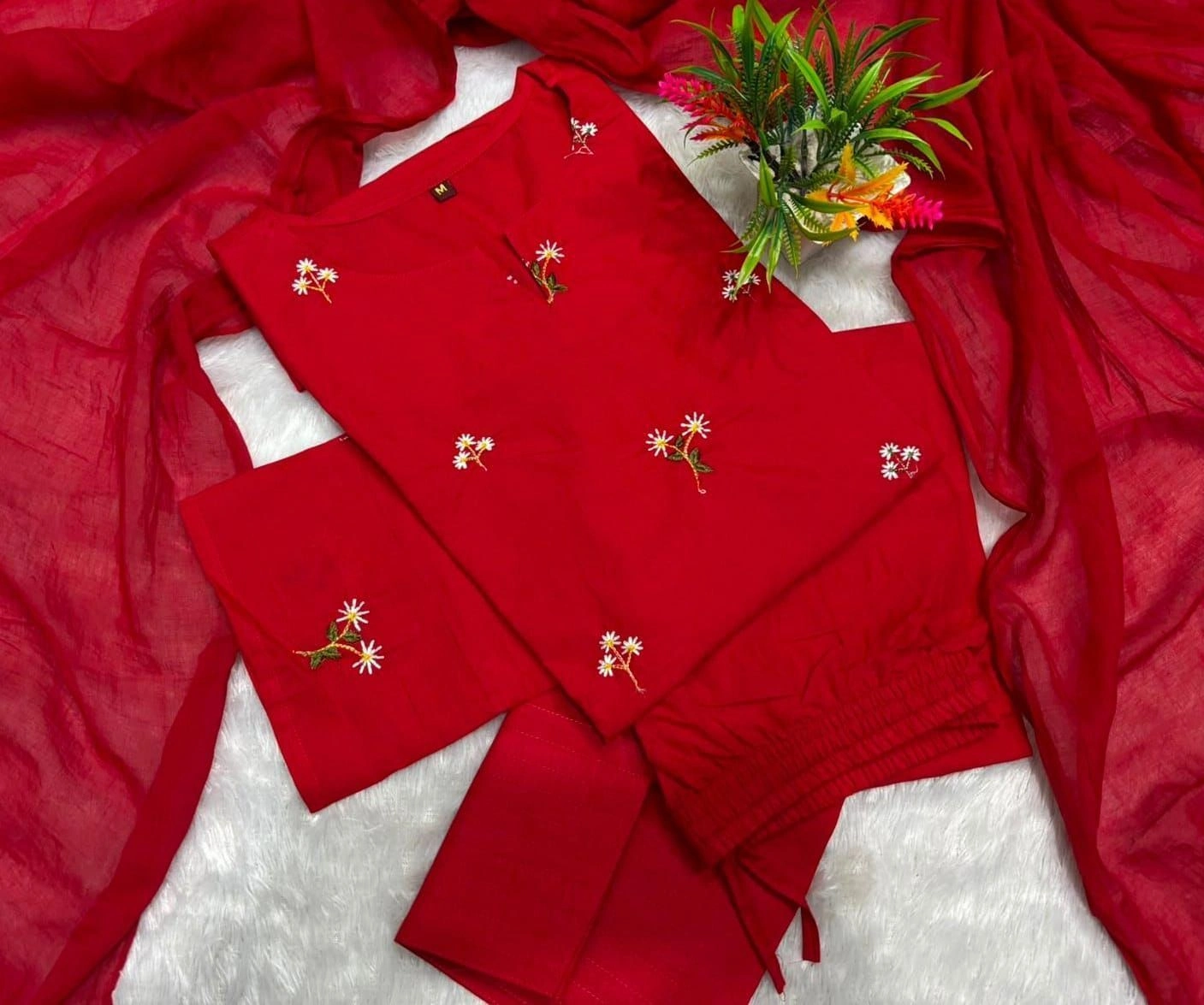 Tryloom Blossom Heritage Premium Cotton Farshi Salwar Suit Set | Designer Embroidered Cotton Kurta Pant & Mulmul Dupatta 4