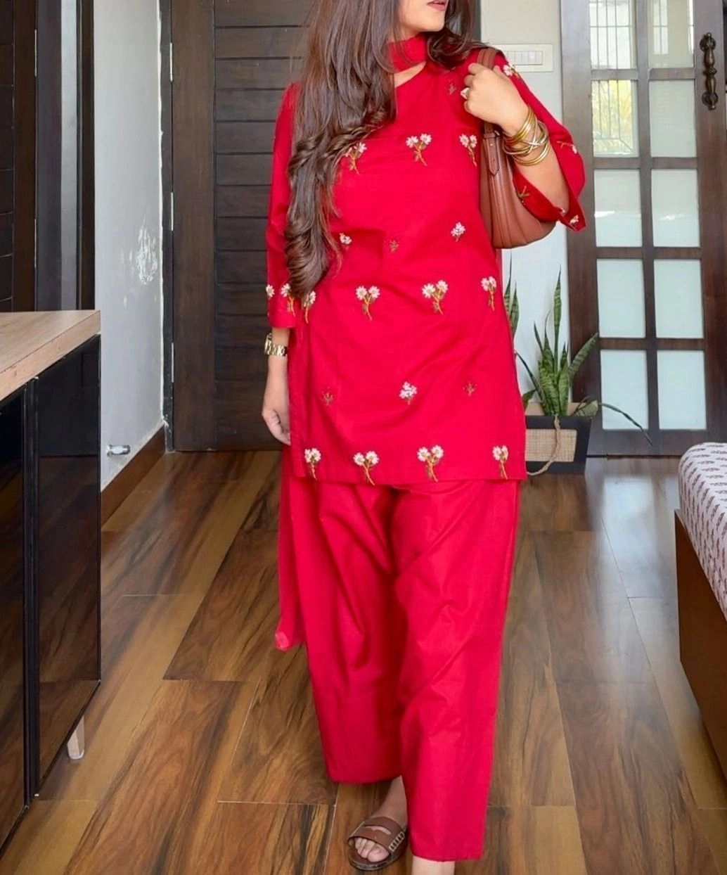 Tryloom Blossom Heritage Premium Cotton Farshi Salwar Suit Set | Designer Embroidered Cotton Kurta Pant & Mulmul Dupatta 1
