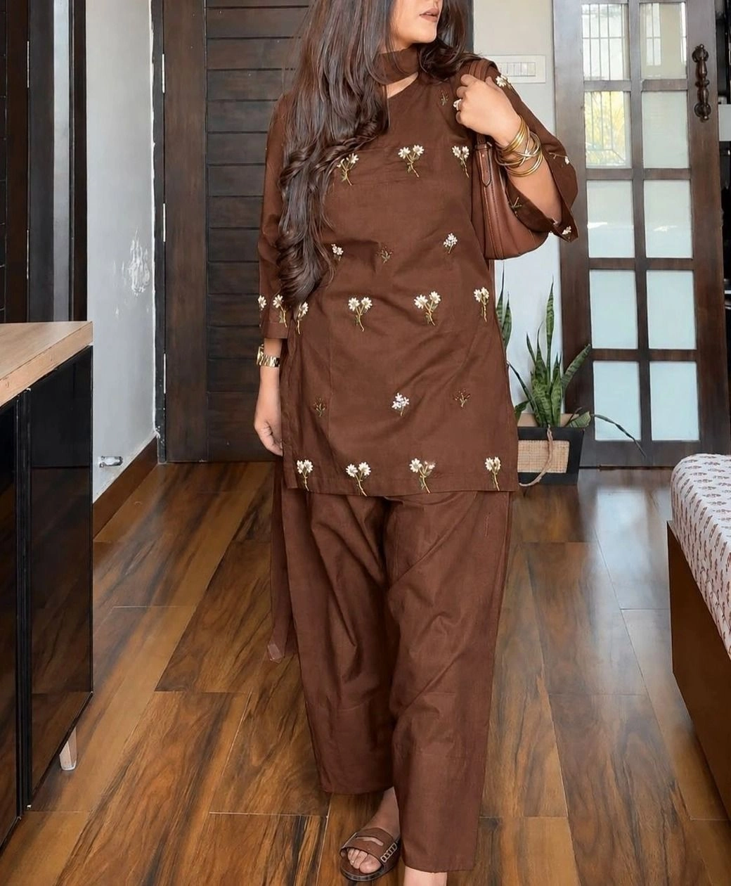 Tryloom Blossom Heritage Premium Cotton Farshi Salwar Suit Set | Designer Embroidered Cotton Kurta Pant & Mulmul Dupatta 1