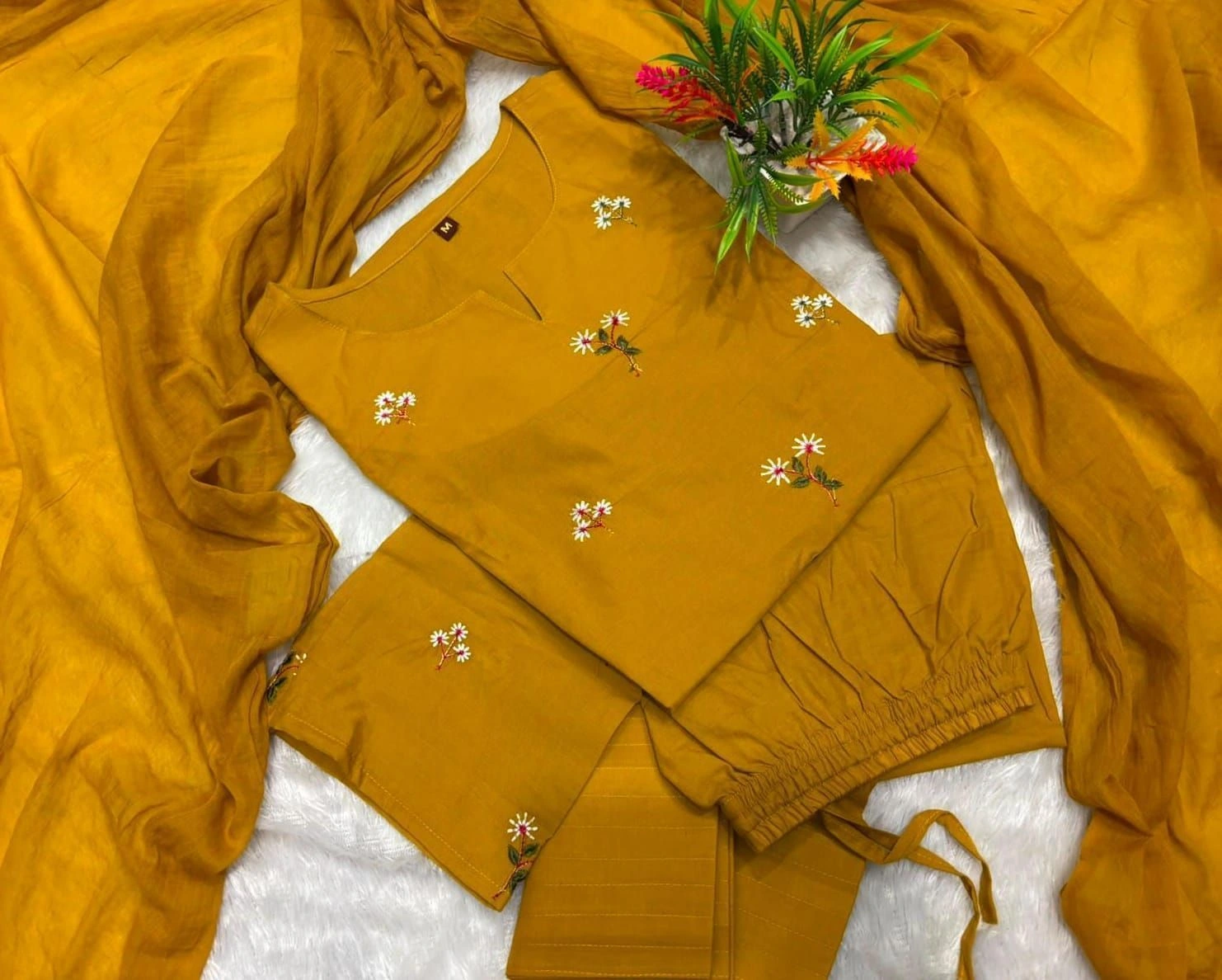 Tryloom Blossom Heritage Premium Cotton Farshi Salwar Suit Set | Designer Embroidered Cotton Kurta Pant & Mulmul Dupatta 2