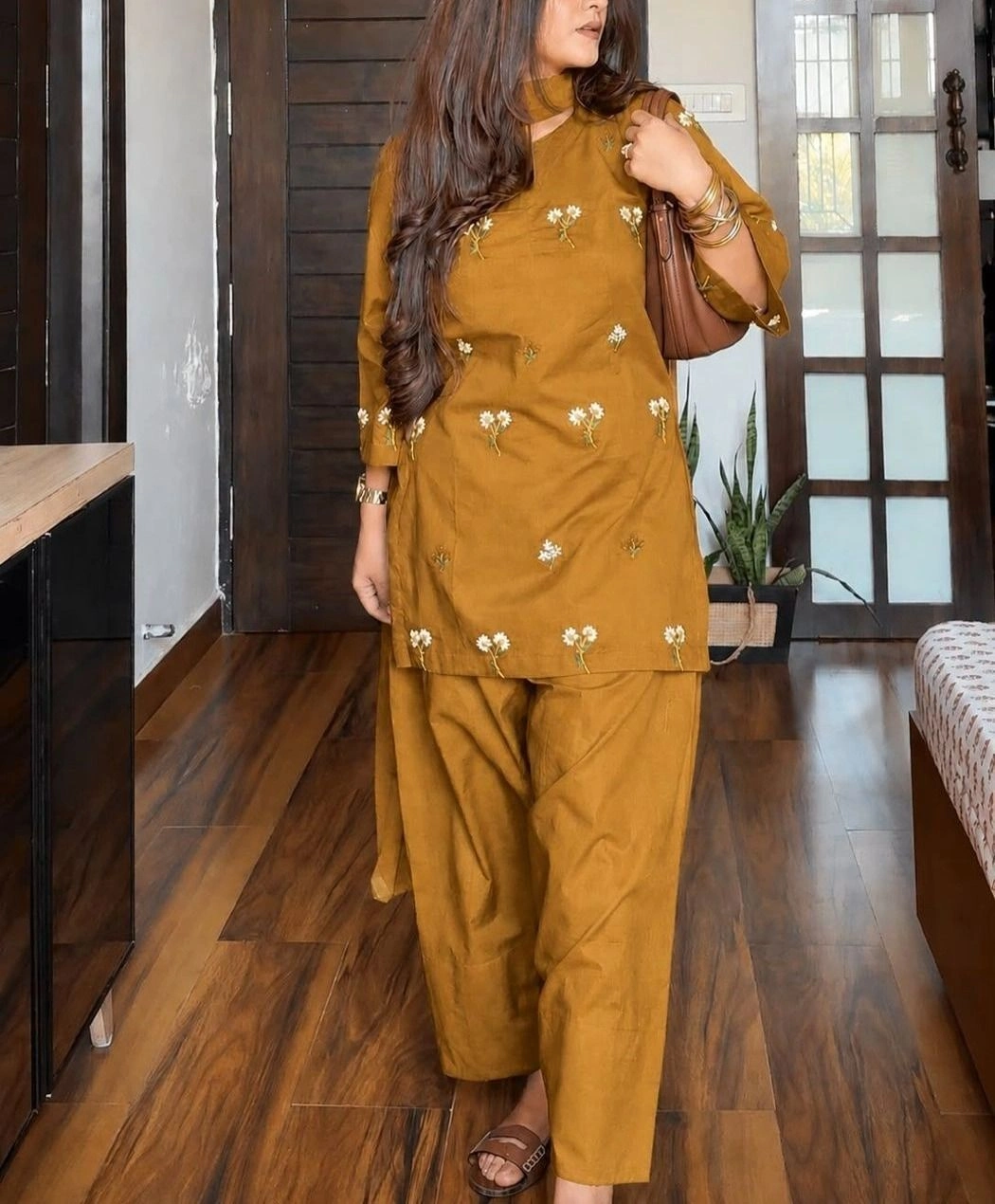 Tryloom Blossom Heritage Premium Cotton Farshi Salwar Suit Set | Designer Embroidered Cotton Kurta Pant & Mulmul Dupatta 1