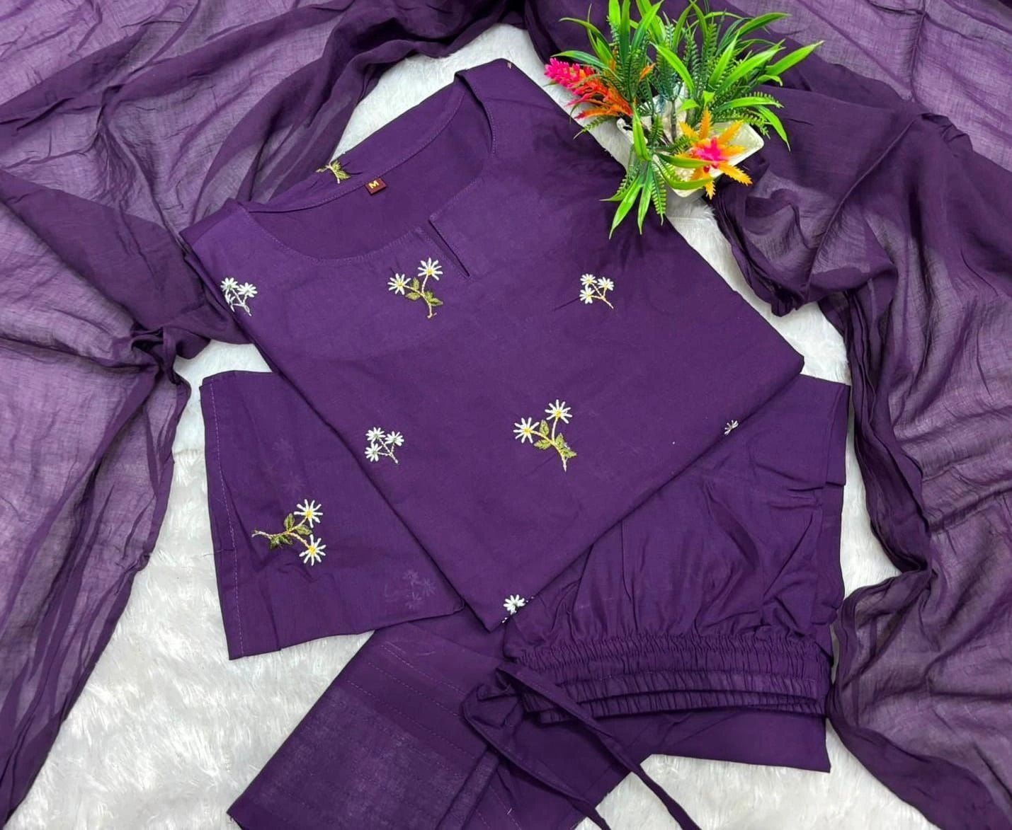 Tryloom Blossom Heritage Premium Cotton Farshi Salwar Suit Set | Designer Embroidered Cotton Kurta Pant & Mulmul Dupatta 2