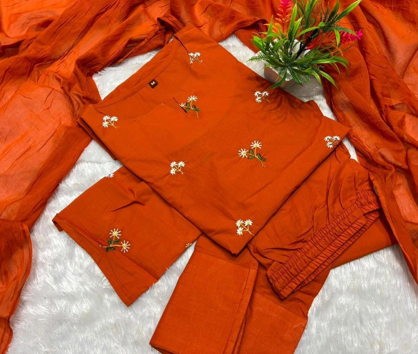 Tryloom Blossom Heritage Premium Cotton Farshi Salwar Suit Set | Designer Embroidered Cotton Kurta Pant & Mulmul Dupatta 2
