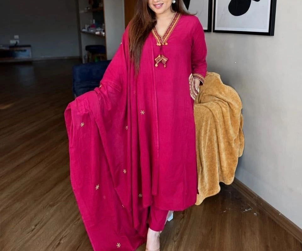 Tryloom Royal Cotton Slub Embroidered Straight Suit Set | Premium Kurti Pant Dupatta Set for Women 1