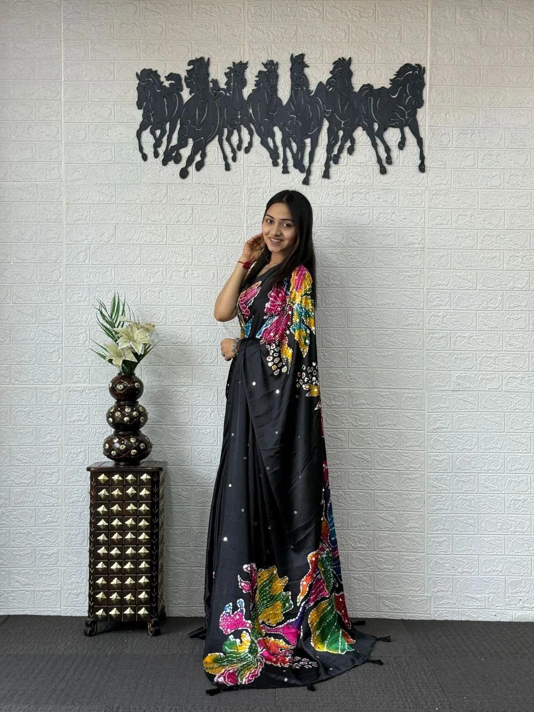 Tryloom Midnight Bloom Japan Satin Silk Mirror Work Saree | Premium Designer Party Wear Saree for Women 1