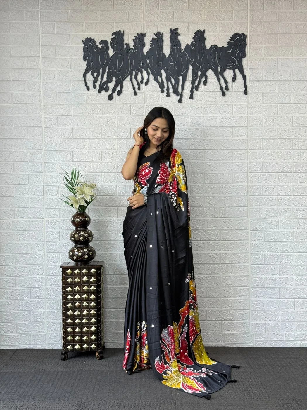Tryloom Midnight Bloom Japan Satin Silk Mirror Work Saree | Premium Designer Party Wear Saree for Women 2