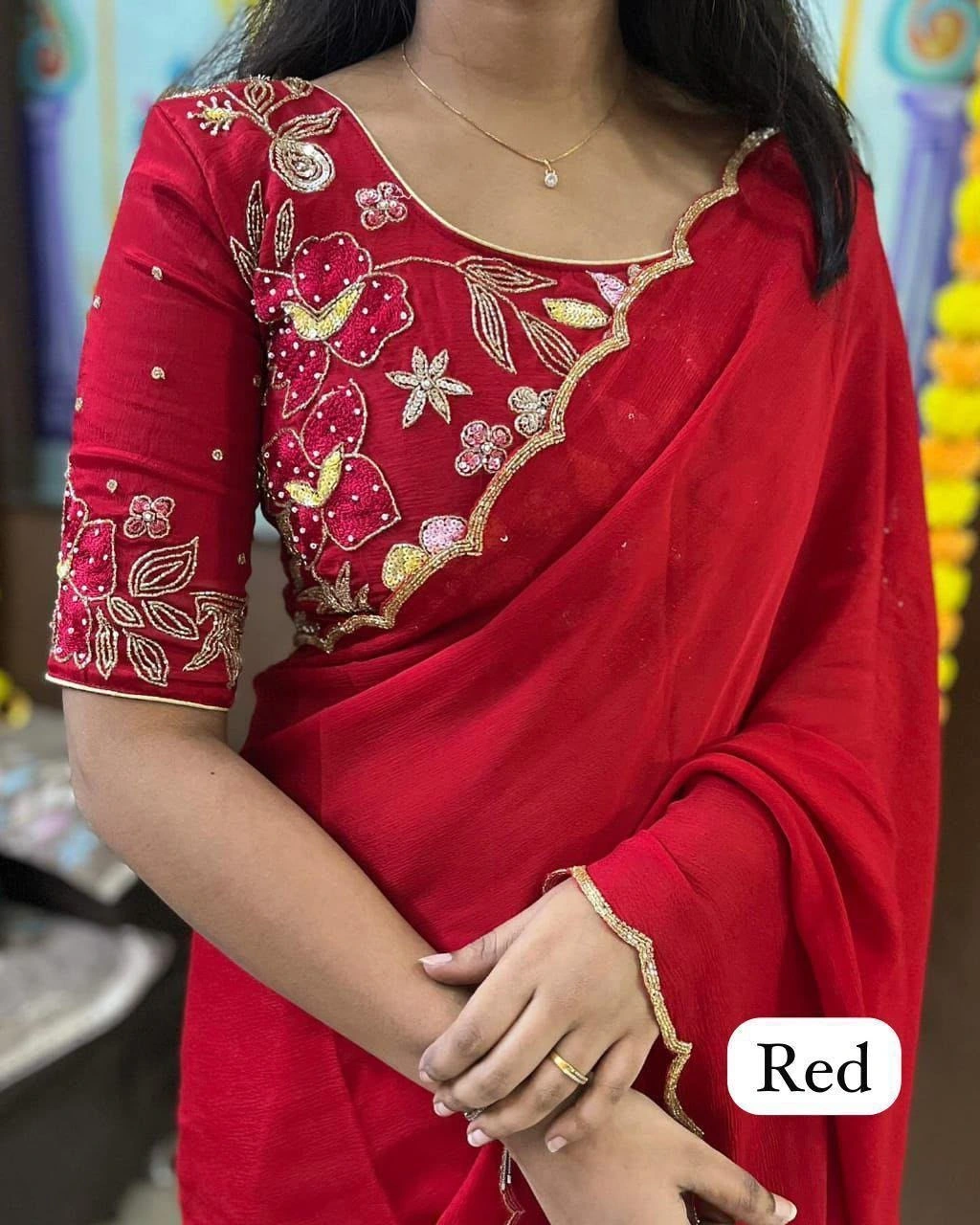 Tryloom Royal Crimson Pure Chinon Silk Designer Saree | Heavy Khatli Work Party Wear Saree for Women 3