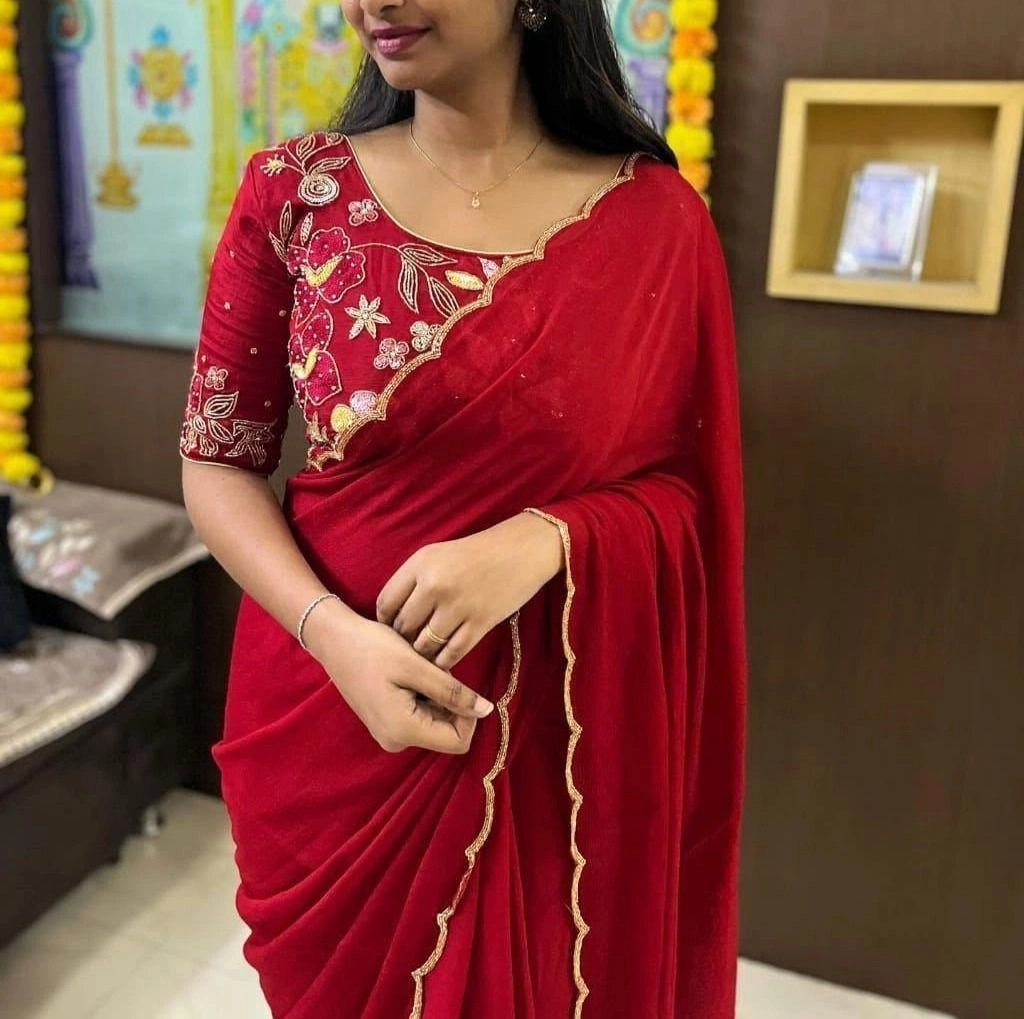 Tryloom Royal Crimson Pure Chinon Silk Designer Saree | Heavy Khatli Work Party Wear Saree for Women 2