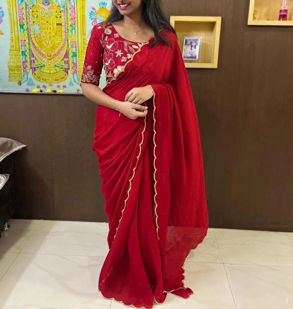 Tryloom Royal Crimson Pure Chinon Silk Designer Saree | Heavy Khatli Work Party Wear Saree for Women 1