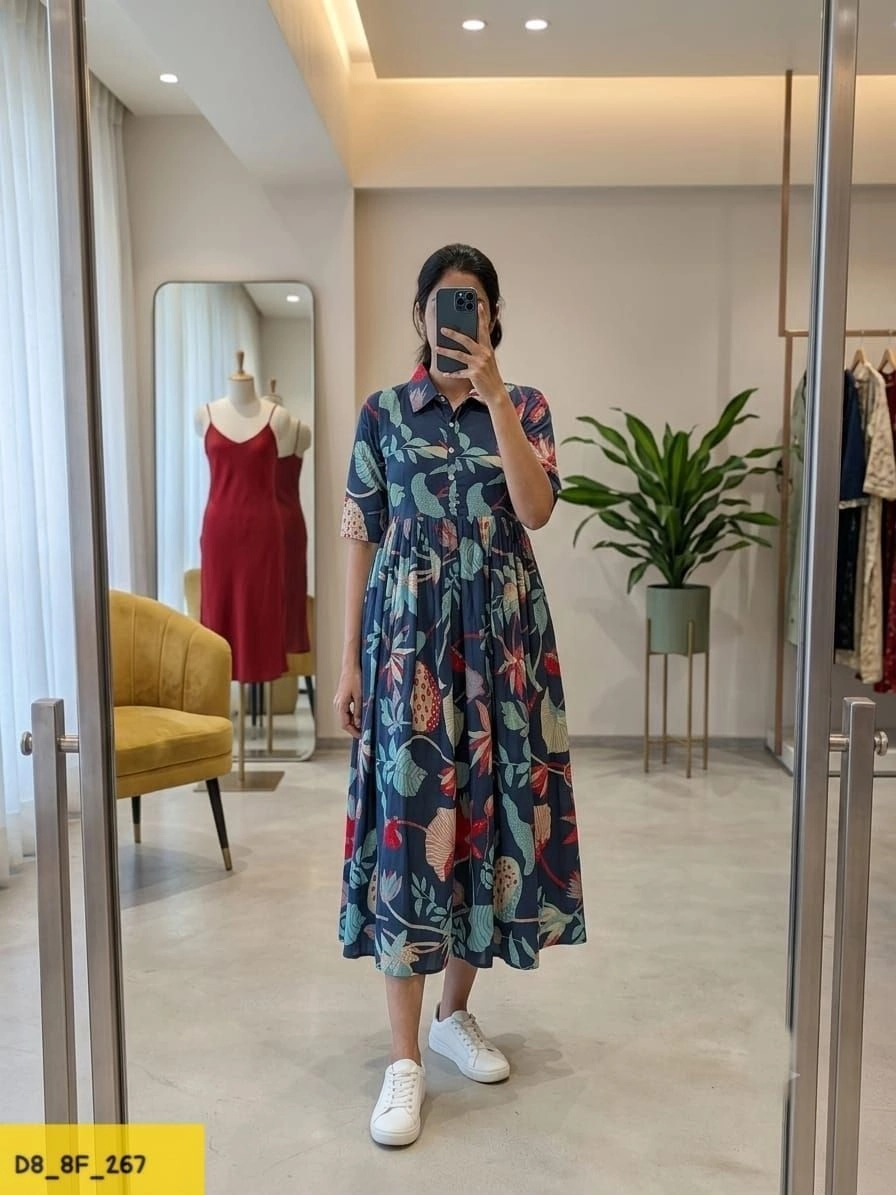 Tryloom BloomVista Premium Floral Cotton Midi Dress | Elegant Printed Casual Maxi Dress for Women 1