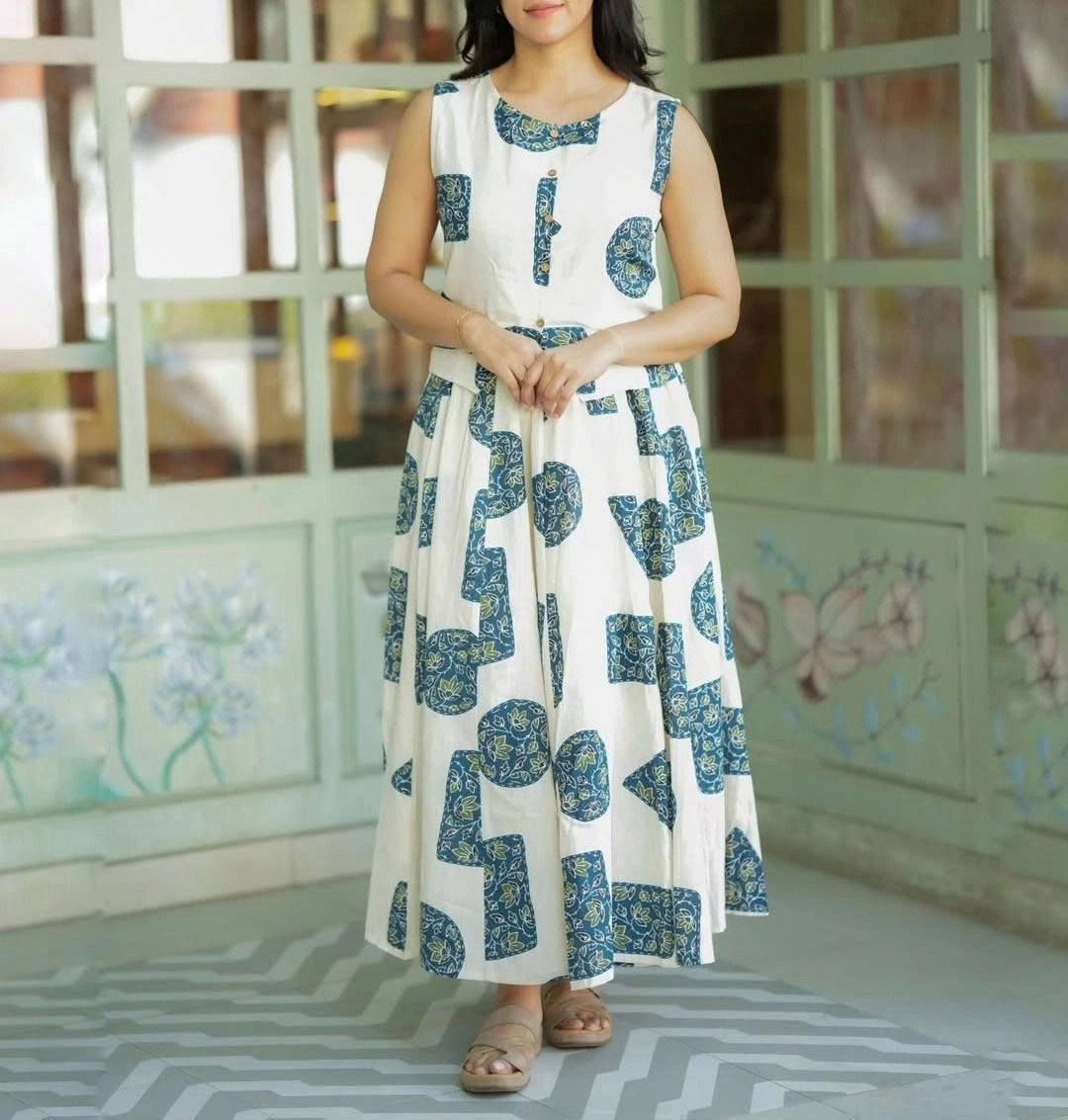 Tryloom Azure Bloom Premium Cotton Skirt & Top Co-Ord Set | Elegant Printed Cotton Maxi Outfit for Women 1