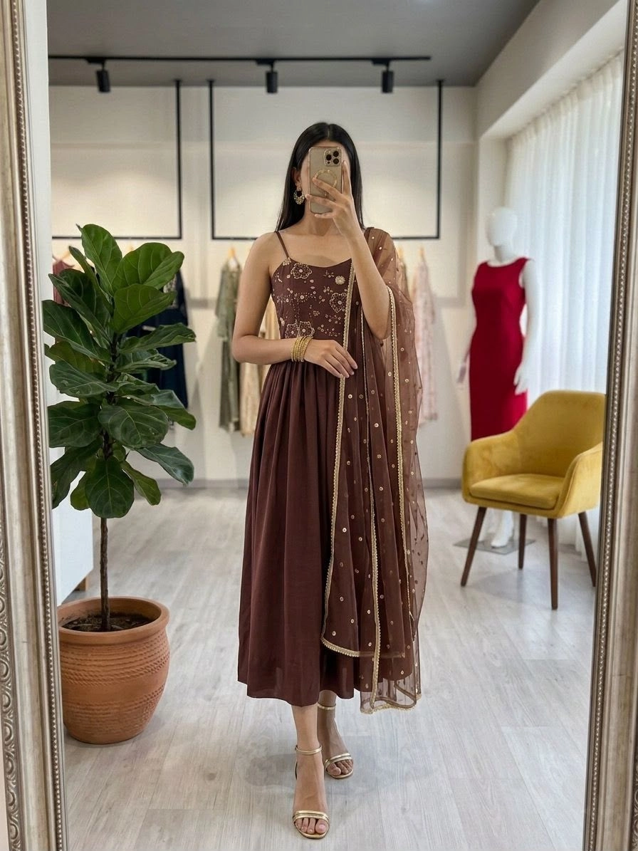 Tryloom Golden Brown Cosmos Embroidered Gown Set | Premium Designer Party Wear Gown with Embroidered Dupatta 1