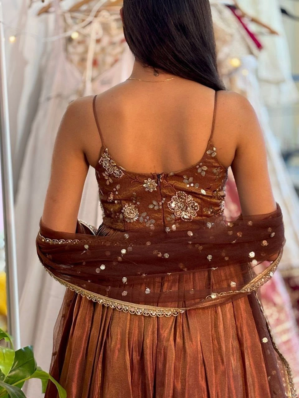 Tryloom Golden Brown Cosmos Embroidered Gown Set | Premium Designer Party Wear Gown with Embroidered Dupatta 2