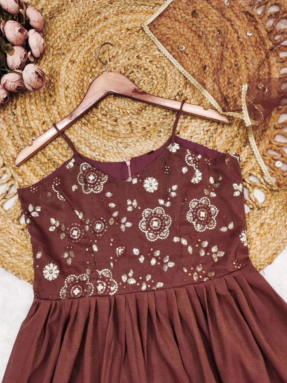 Tryloom Golden Brown Cosmos Embroidered Gown Set | Premium Designer Party Wear Gown with Embroidered Dupatta 3