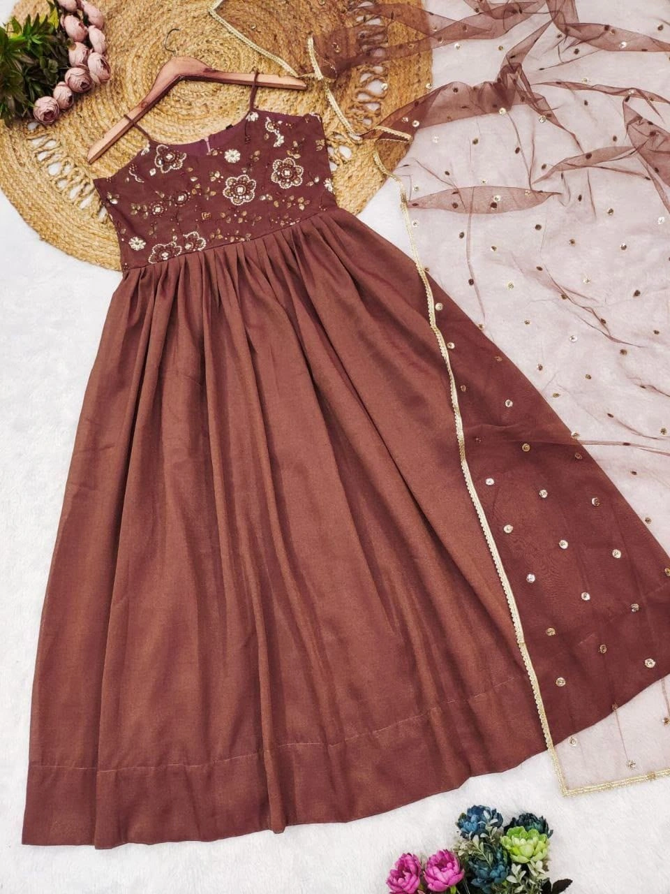 Tryloom Golden Brown Cosmos Embroidered Gown Set | Premium Designer Party Wear Gown with Embroidered Dupatta 4