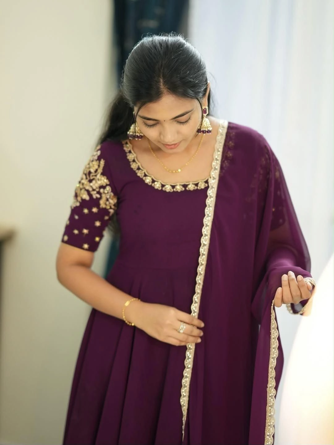 Tryloom Royal Plum Georgette Anarkali Gown Set | Premium Embroidered Party Wear with Designer Dupatta 1