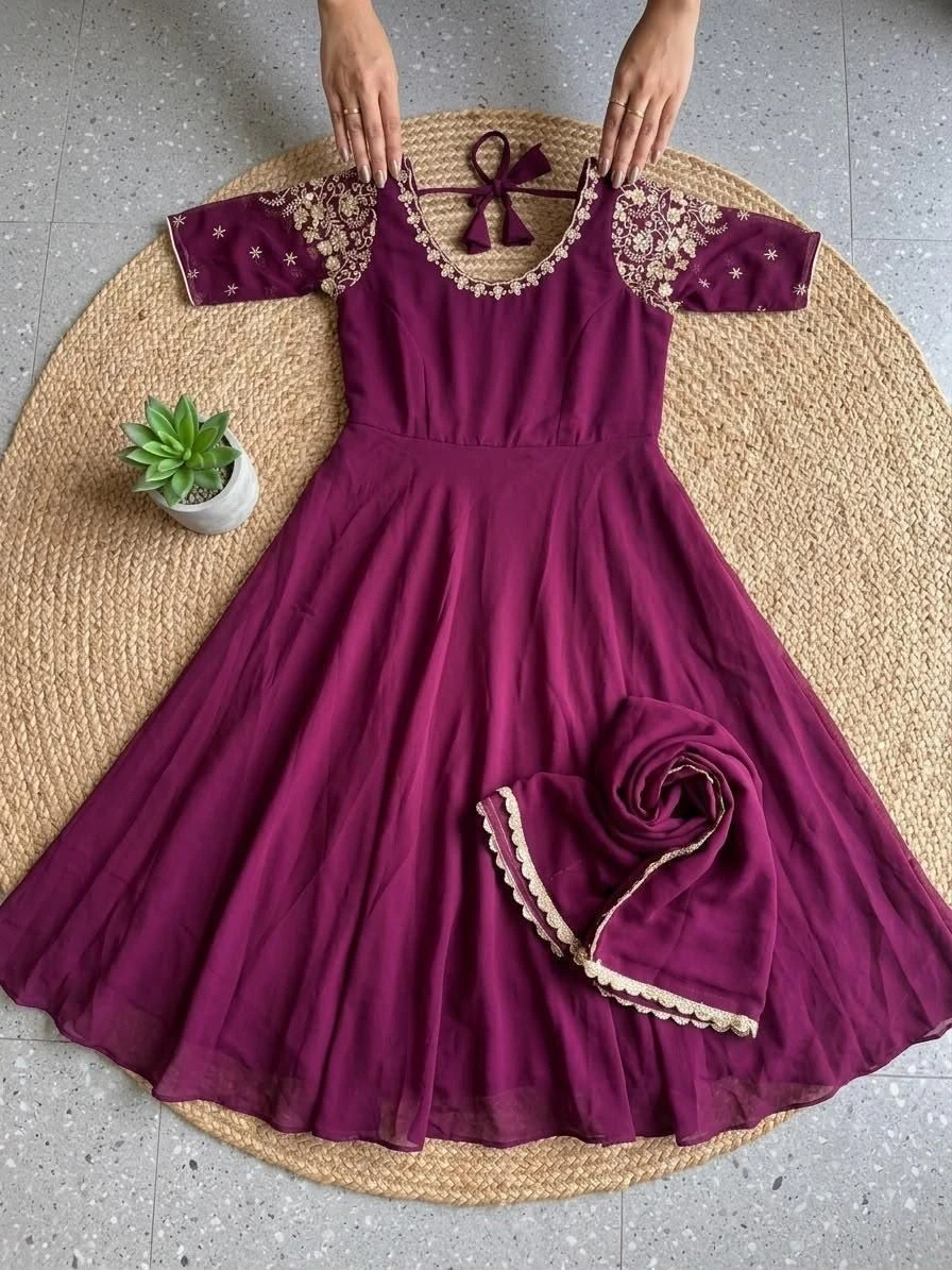 Tryloom Royal Plum Georgette Anarkali Gown Set | Premium Embroidered Party Wear with Designer Dupatta 2