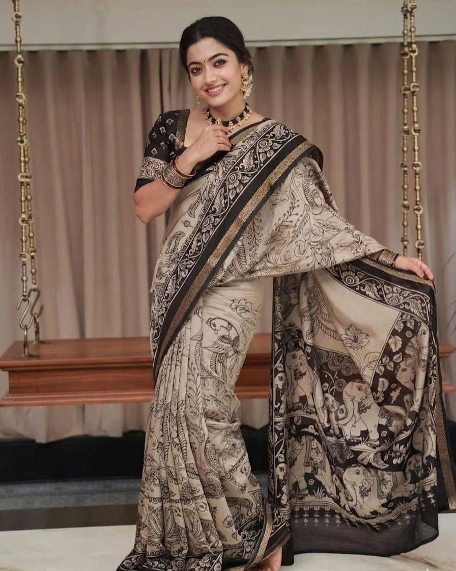 Tryloom Zejuri Special Premium Heavy Soft Malmal Cotton Kalamkari Saree with Contrast Blouse | Kerala Ethnic Wear | Elegant Printed Cotton Saree for Women 1
