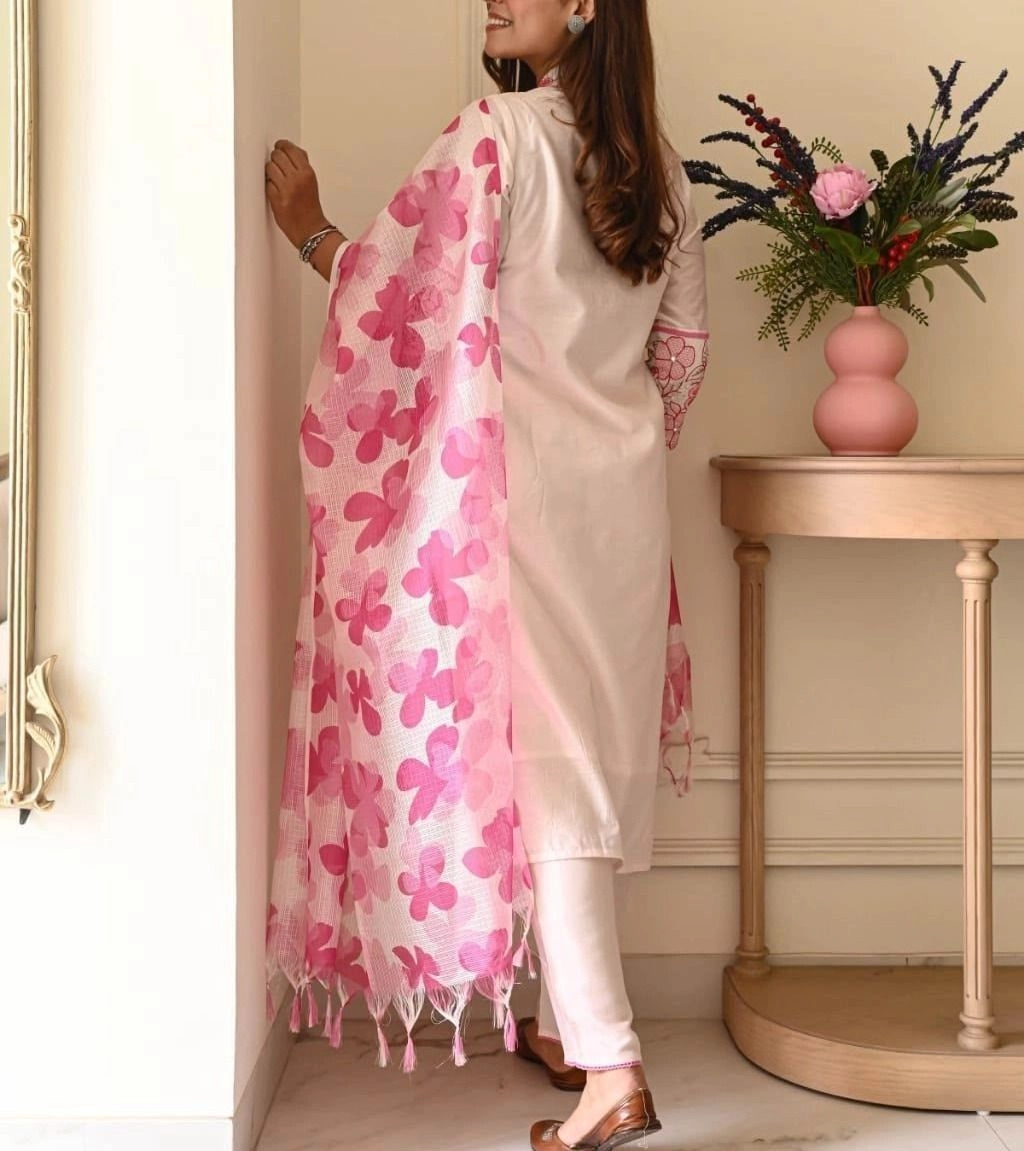 Tryloom Blush Bloom Premium Cotton Flex Suit Set | Designer Embroidered Kurti Pant & Kota Doriya Dupatta 3