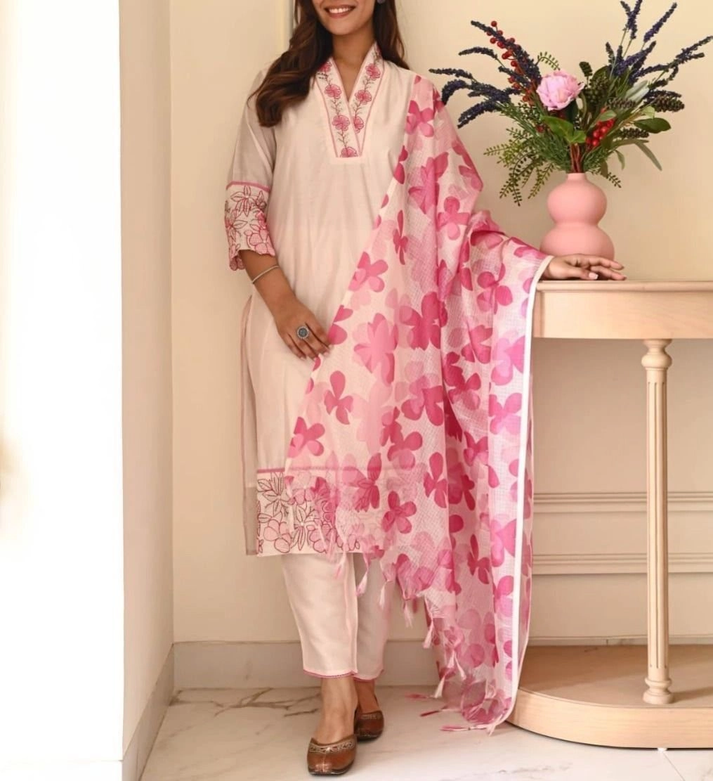 Tryloom Blush Bloom Premium Cotton Flex Suit Set | Designer Embroidered Kurti Pant & Kota Doriya Dupatta 1