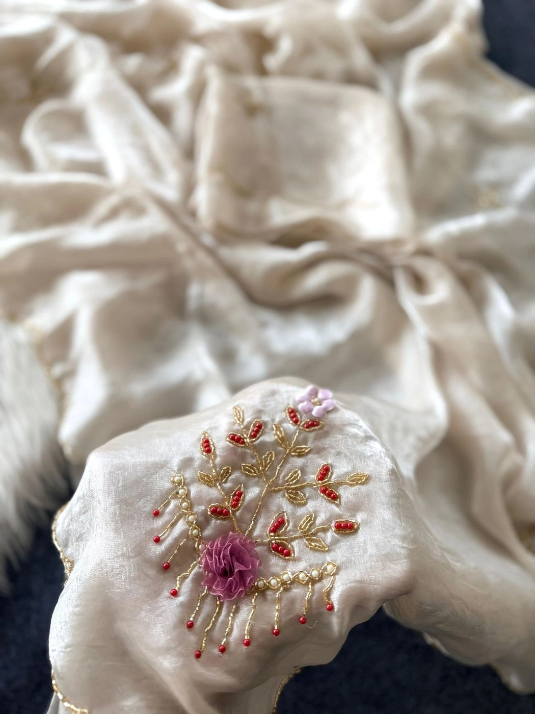Tryloom Royal Space Silk Handwork Saree | Premium Designer Party Wear Silk Saree with Handcrafted Floral Embellishments 3