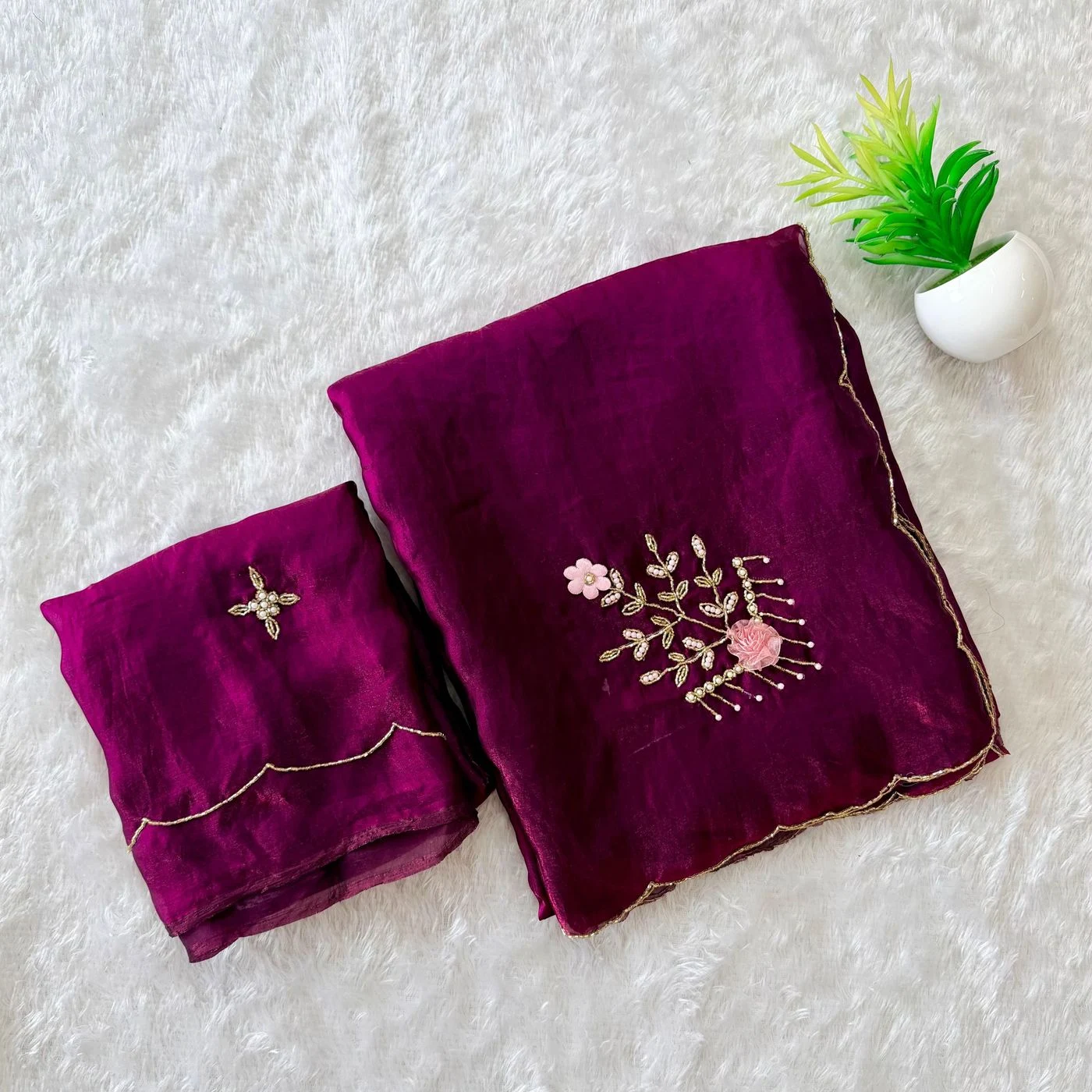 Tryloom Royal Space Silk Handwork Saree | Premium Designer Party Wear Silk Saree with Handcrafted Floral Embellishments 1