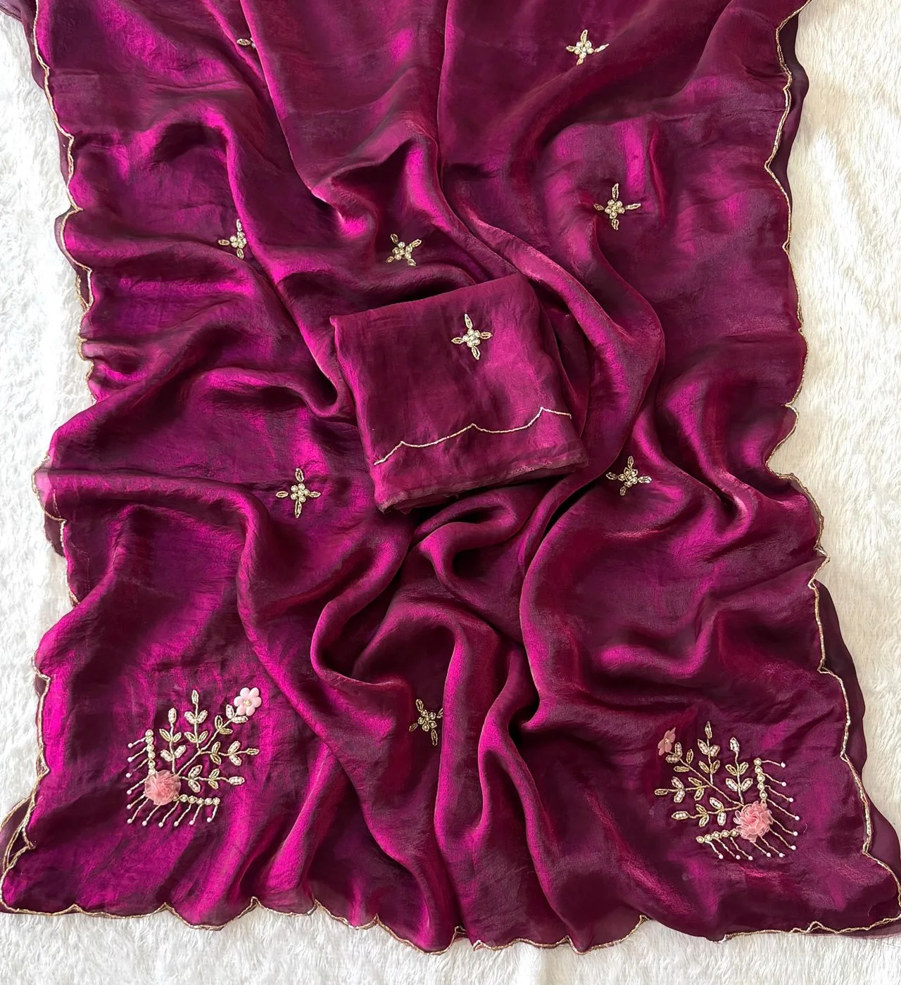 Tryloom Royal Space Silk Handwork Saree | Premium Designer Party Wear Silk Saree with Handcrafted Floral Embellishments 2