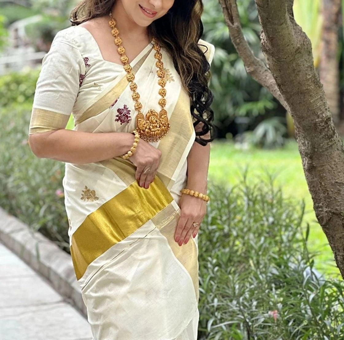 Tryloom Heritage Rose Embroidered Premium Cotton Saree | Kerala Traditional Soft Cotton Festive Saree 4