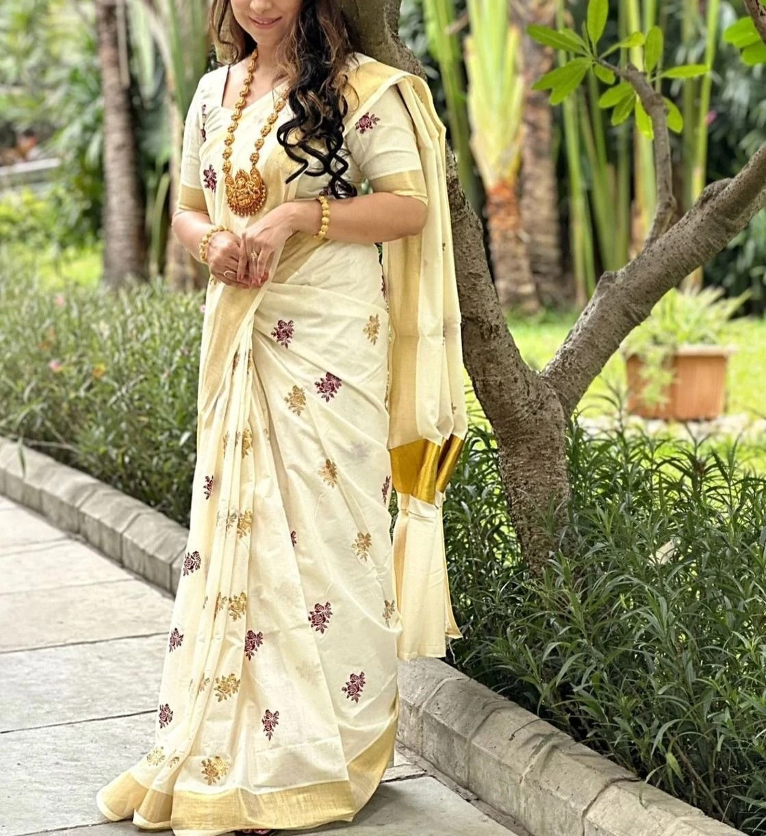 Tryloom Heritage Rose Embroidered Premium Cotton Saree | Kerala Traditional Soft Cotton Festive Saree 2