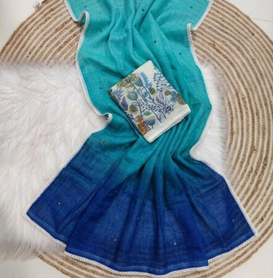Tryloom Summer Glow Premium Linen Mirror Work Saree | Soft Peding Linen Designer Party Wear Saree 2