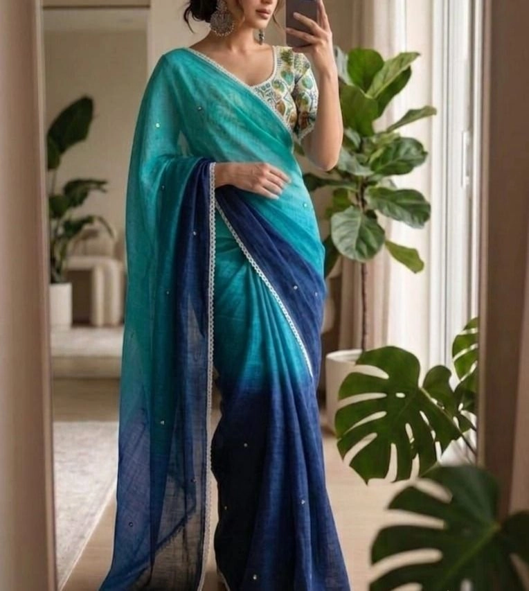 Tryloom Summer Glow Premium Linen Mirror Work Saree | Soft Peding Linen Designer Party Wear Saree 1