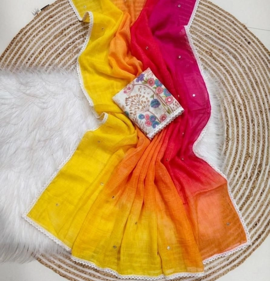 Tryloom Summer Glow Premium Linen Mirror Work Saree | Soft Peding Linen Designer Party Wear Saree 2