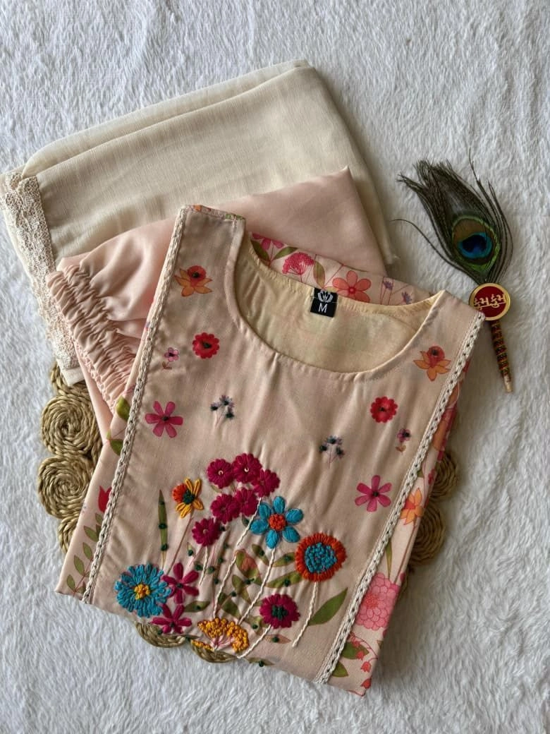 Tryloom Designer Pure Linen Cotton Kurti Pant Dupatta Set | Premium Floral Embroidered Ethnic Wear for Women | Beige Cream Designer Suit Set 4