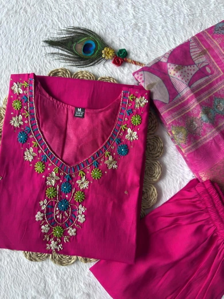 Tryloom Premium Roman Silk Designer Kurti Pant Dupatta Set | Pink Handwork Ethnic Suit for Women | Chanderi Dupatta Party Wear Collection 1