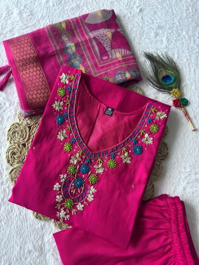Tryloom Premium Roman Silk Designer Kurti Pant Dupatta Set | Pink Handwork Ethnic Suit for Women | Chanderi Dupatta Party Wear Collection 2
