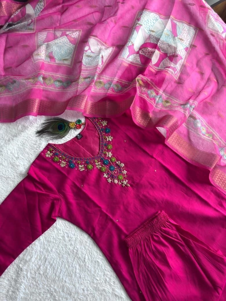 Tryloom Premium Roman Silk Designer Kurti Pant Dupatta Set | Pink Handwork Ethnic Suit for Women | Chanderi Dupatta Party Wear Collection 3