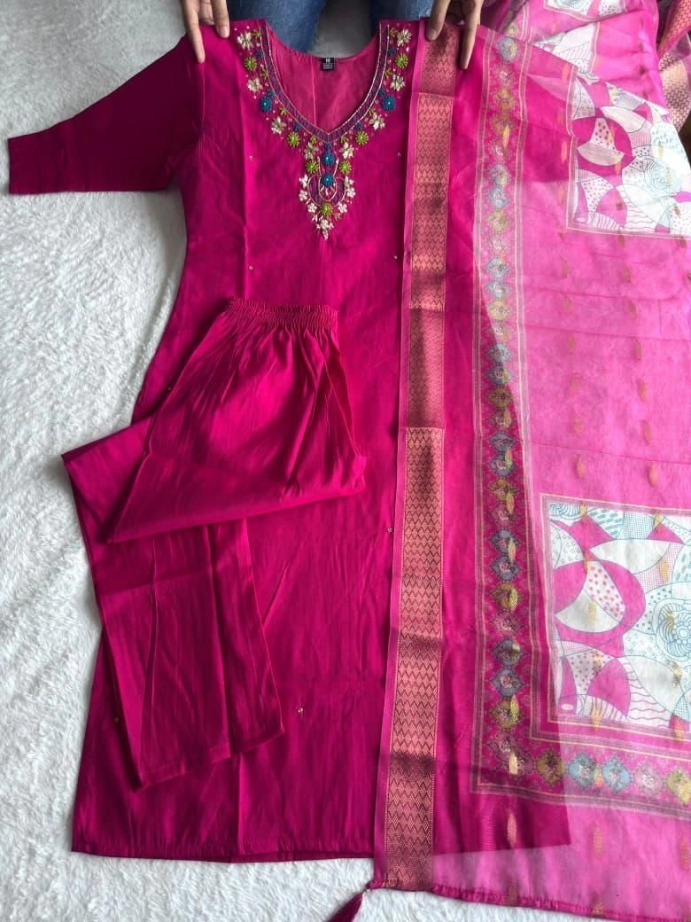 Tryloom Premium Roman Silk Designer Kurti Pant Dupatta Set | Pink Handwork Ethnic Suit for Women | Chanderi Dupatta Party Wear Collection 4