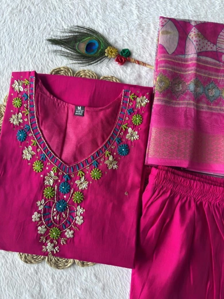 Tryloom Premium Roman Silk Designer Kurti Pant Dupatta Set | Pink Handwork Ethnic Suit for Women | Chanderi Dupatta Party Wear Collection 1