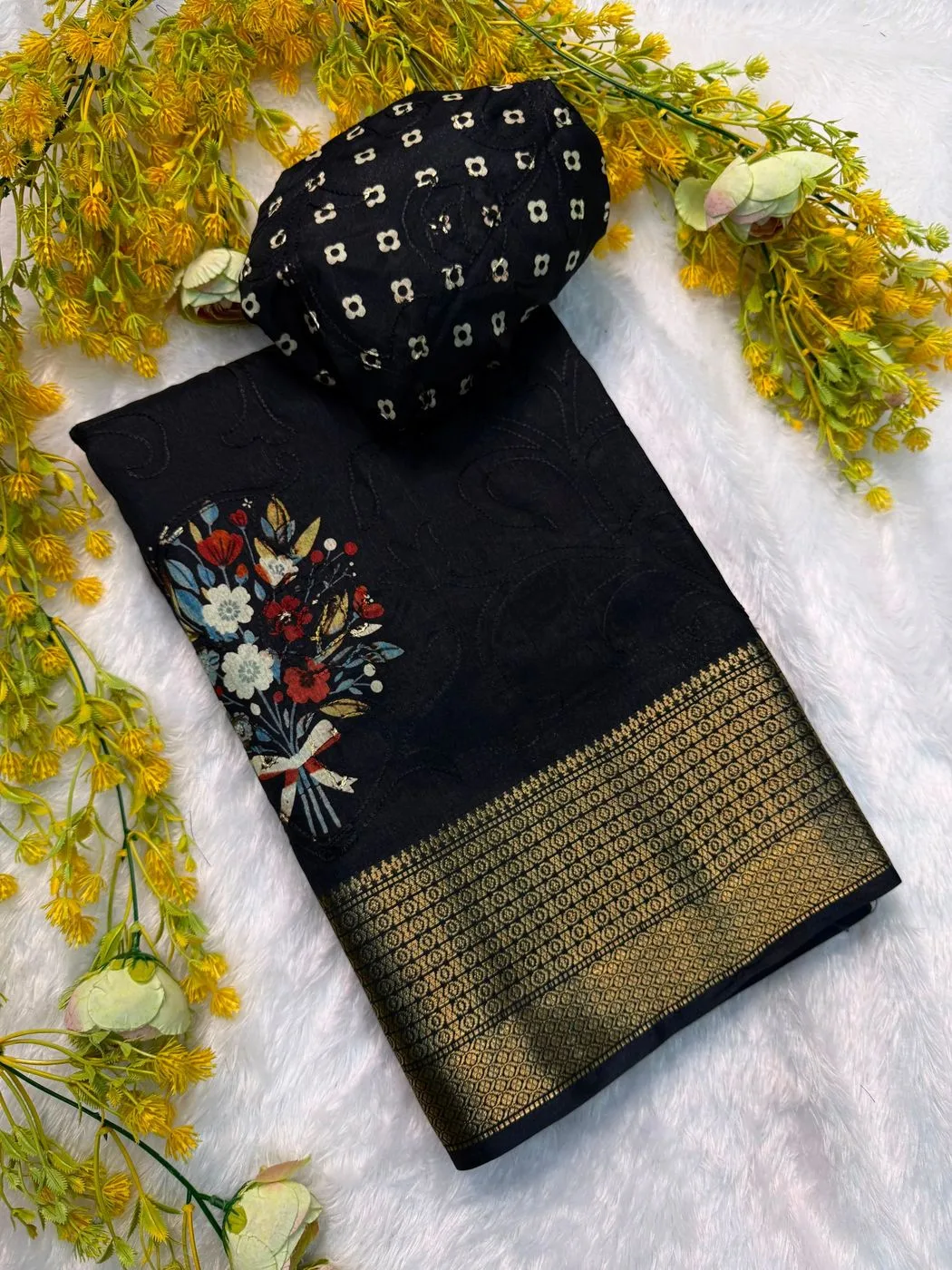 Tryloom Premium Black Dola Silk Embroidered Saree with Rich Zari Border | Designer Floral Party Wear Saree | Luxury Festive Collection 1