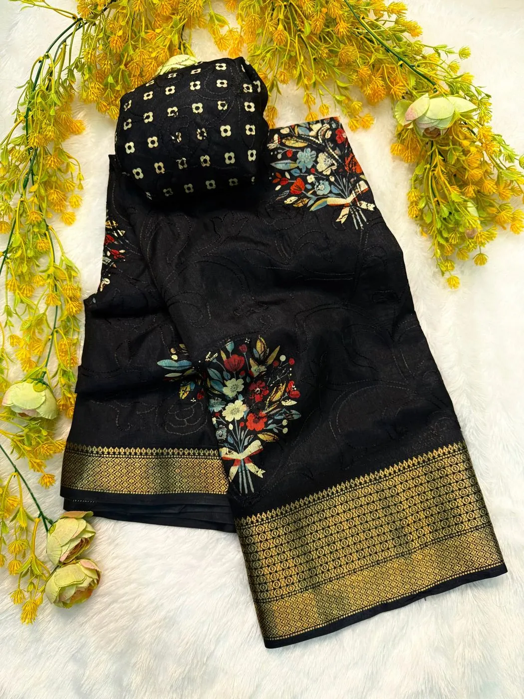Tryloom Premium Black Dola Silk Embroidered Saree with Rich Zari Border | Designer Floral Party Wear Saree | Luxury Festive Collection 2
