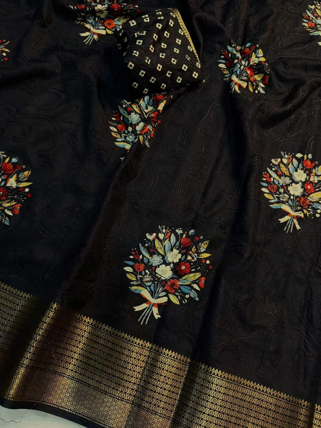 Tryloom Premium Black Dola Silk Embroidered Saree with Rich Zari Border | Designer Floral Party Wear Saree | Luxury Festive Collection 4