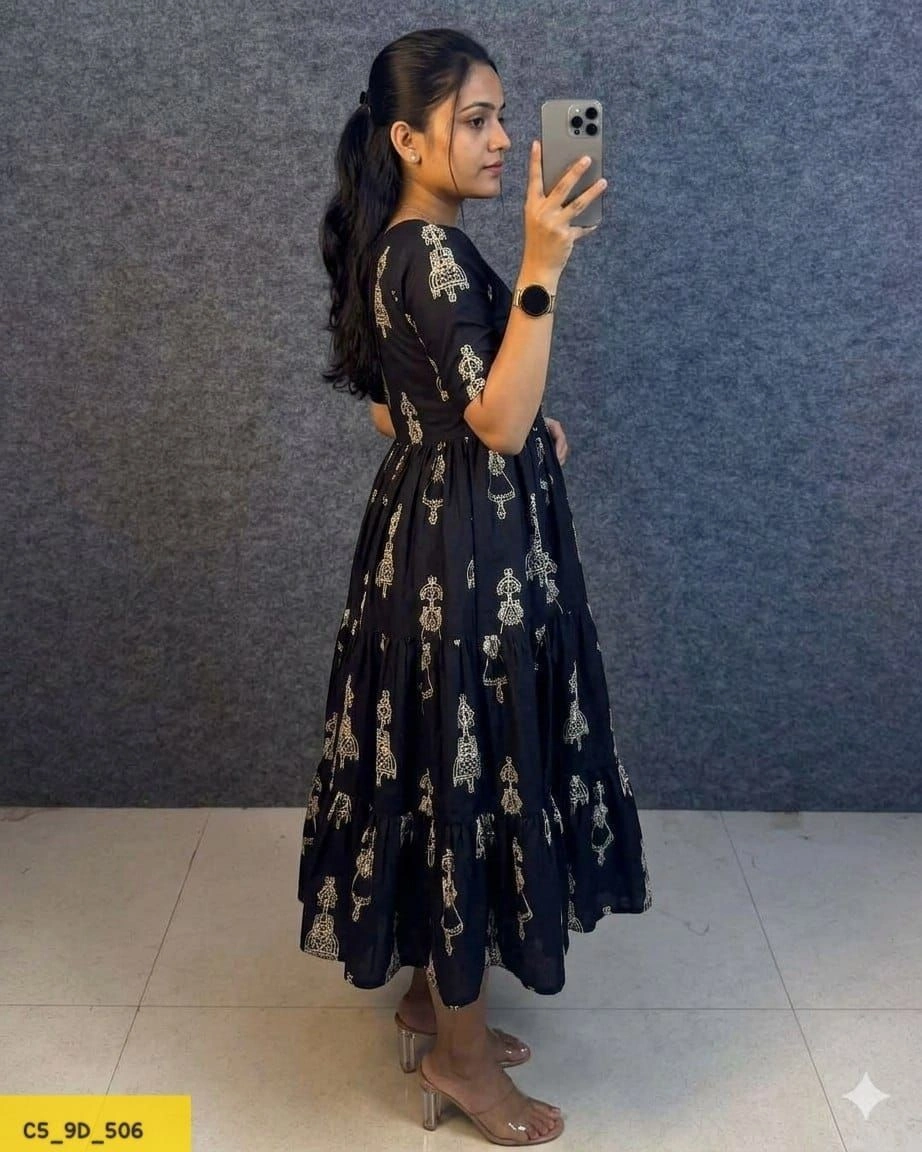Tryloom Premium Warli Art Printed Pure Muslin Maxi Gown | Designer Cotton Flared Ethnic Dress | Festival & Casual Wear Collection 2