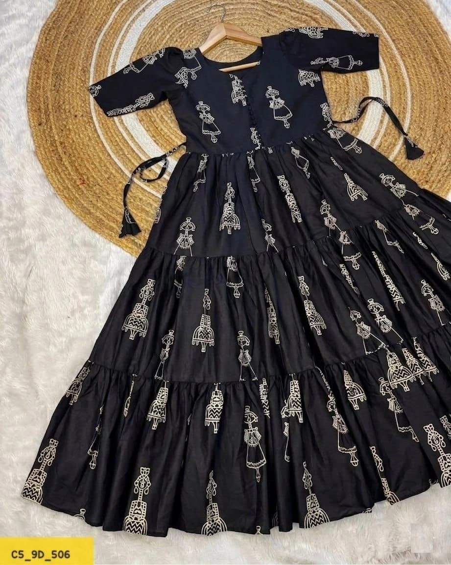 Tryloom Premium Warli Art Printed Pure Muslin Maxi Gown | Designer Cotton Flared Ethnic Dress | Festival & Casual Wear Collection 5