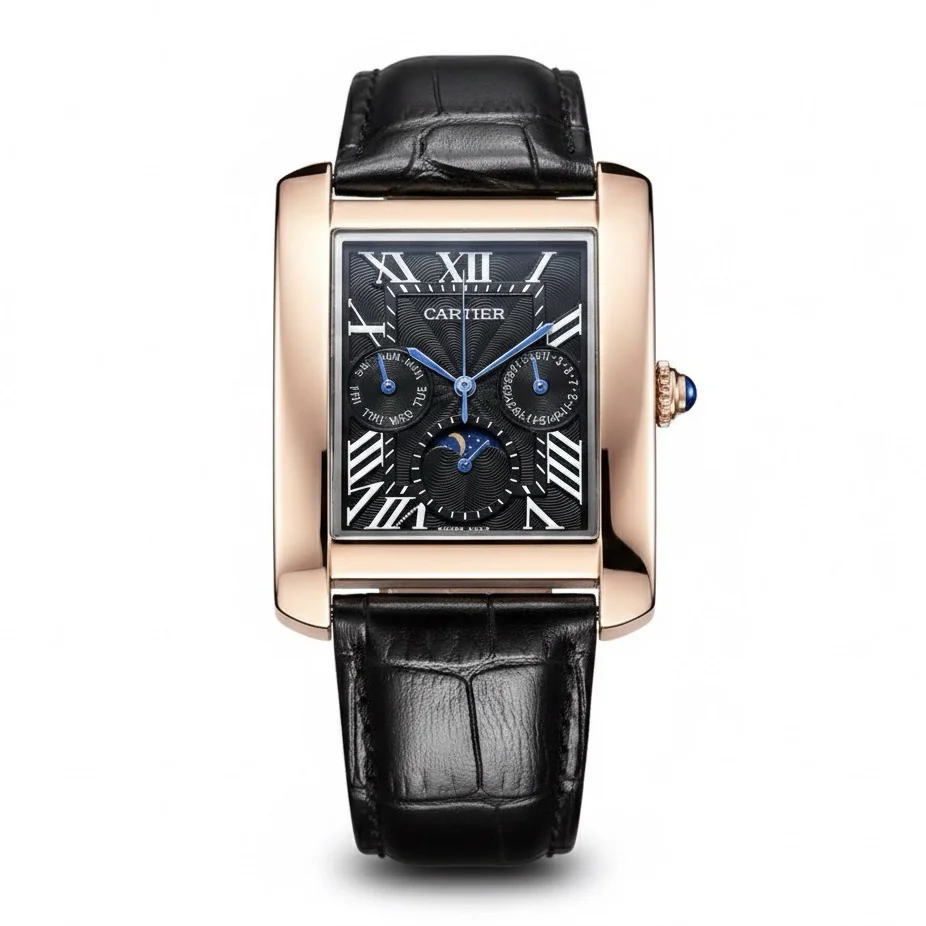 Tank Day-Date Moon Phase Black Rose Gold Watch